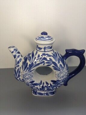 Vintage Blue White Ring Teapot Ceramic Donut Form Japan Floral Design